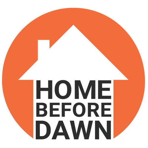 Logo- orange circle with a simple house shape. Black text inside reads Home Before Dawn